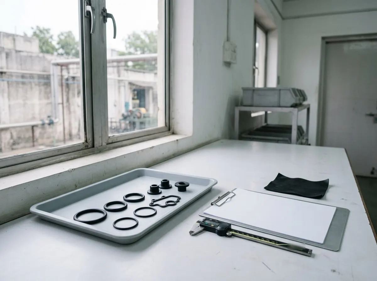 Inspection bench with moulded rubber samples and a caliper