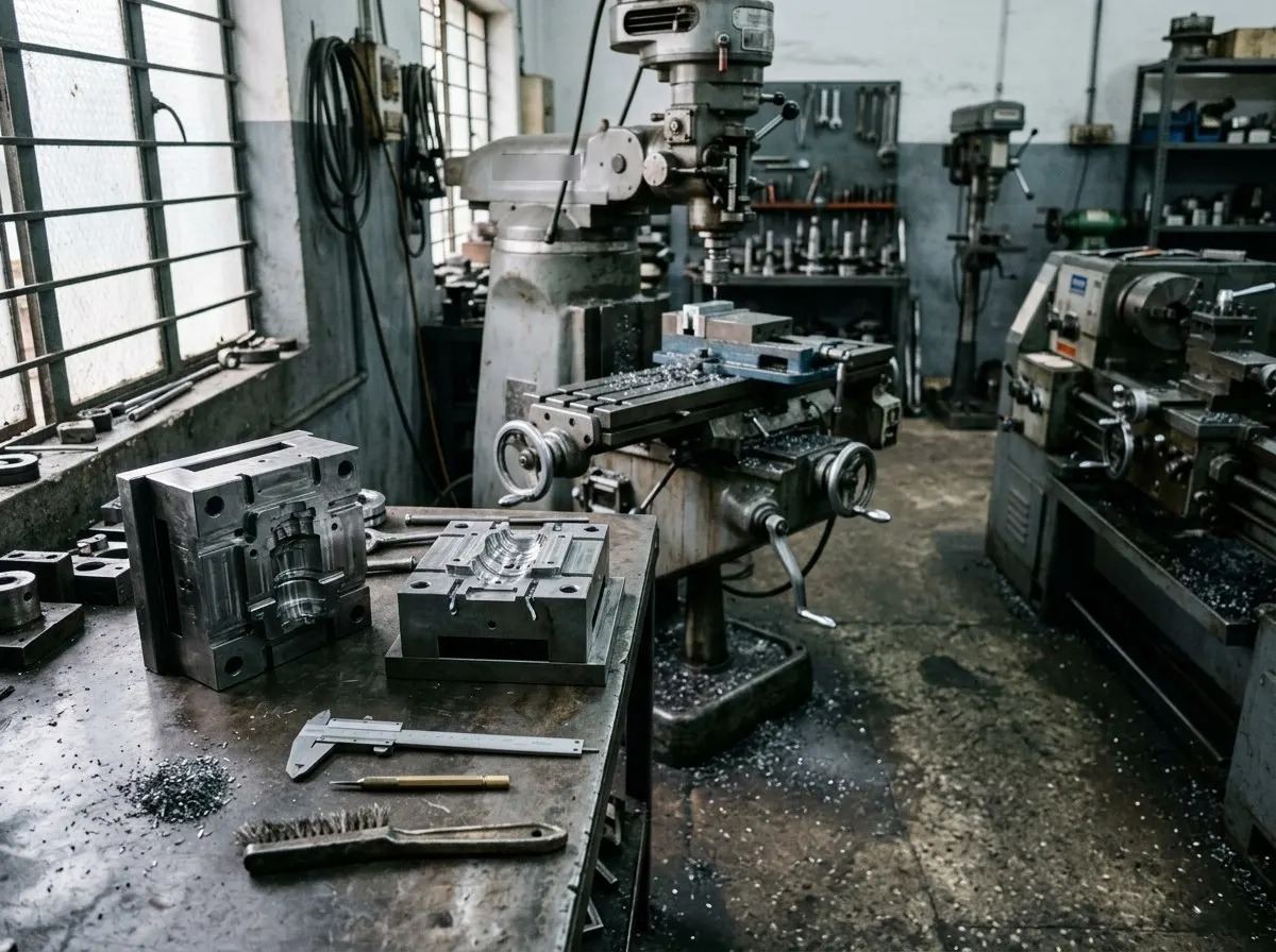 Tool room with steel mould halves on a workbench